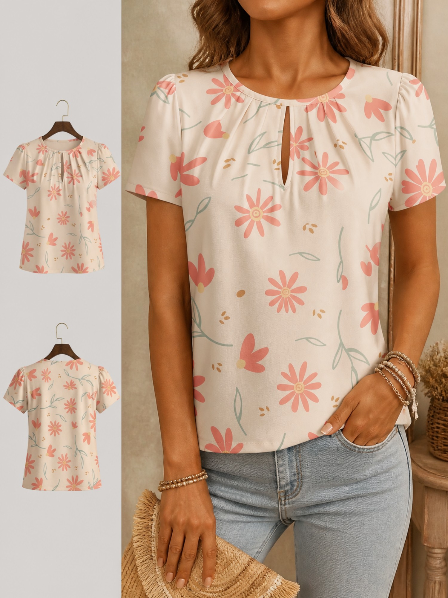 2026 New Women's Round Neck El - đánh giá và giá Resort Shirt Floral
